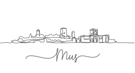 Obraz premium Minimalist continuous line drawing of Mus skyline with handwritten text
