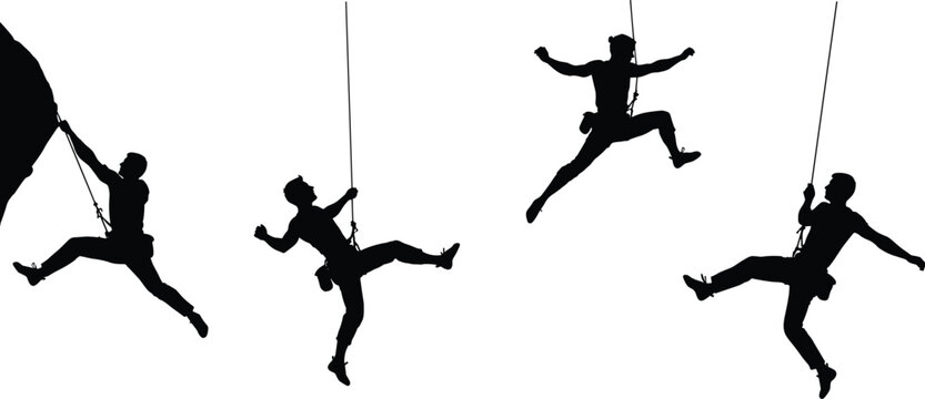 Silhouette rock climber, extreme adventure sport, mountain climbing action, rappelling rope safety, outdoor fitness challenge, adrenaline activity, cliff ascent, vertical wall