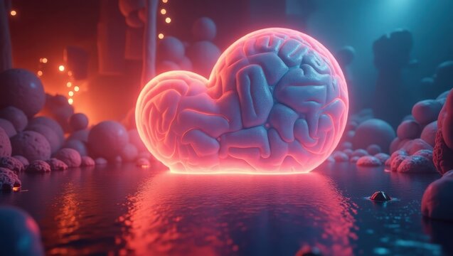 Glowing, translucent brain-shaped form illuminates the reflective surface with vibrant hues of red and blue, creating a futuristic and abstract composition with other spherical objects. - Powered by Adobe