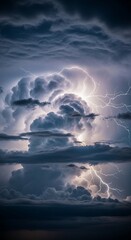Dramatic sky with thunderbolts, ominous clouds and atmospheric view