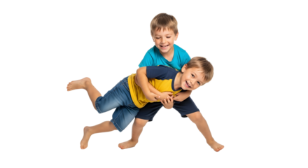 Two happy young boys playfully wrestling and laughing on a white background
