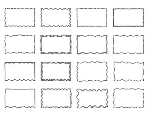 Obraz premium A black and white vector set of 16 hand-drawn rectangular frames with various wavy, jagged, and distressed edges