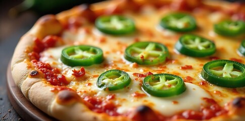 Close-up of Spicy Pizza with Jalape?os and Melted Mozzarella Cheese ? Vibrant Colors and Textures Highlight the Delicious and Spicy Comfort Food