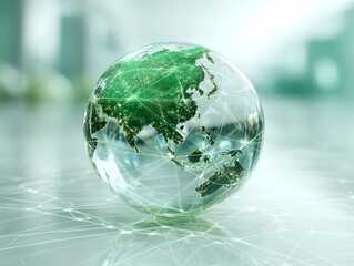 緑色に発光するアジア地図が描かれたガラス地球とデジタルネットワークを表現した未来的イメージ
