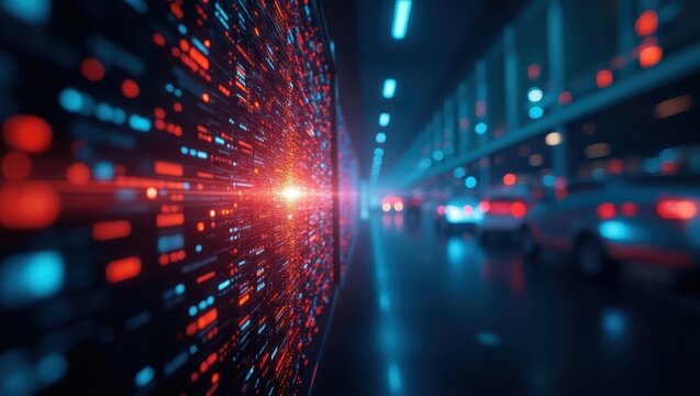 The abstract digital illustration features a futuristic perspective with a data stream emanating from a bright central point. - Powered by Adobe