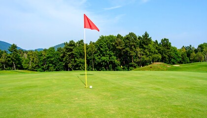 Obraz premium A golf course green under a sunny sky with a red flag waving on a pole, a white ball near the hole, and trees
