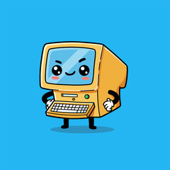 Smiling retro computer with blue screen face, gloves, and shoes stands confidently on bright blue background.
