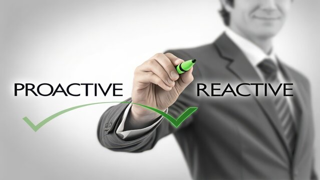Sharp businessman writes proactive over reactive symbolizing strategic business decision making