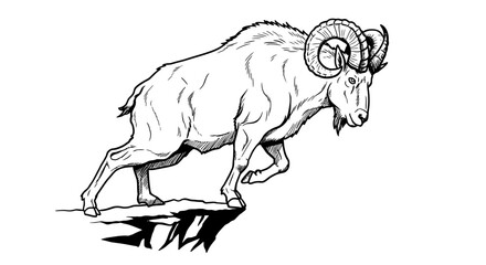 Monochrome illustration of a mountain goat in a dynamic pose against white