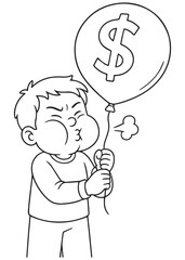 coloring book child blowing dollar balloon with cheeks puffed, inflation concept, fun kids line art illustration