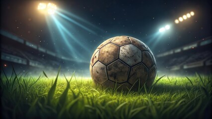 Fototapeta premium Weathered soccer ball rests on vibrant green grass under stadium lights dusk