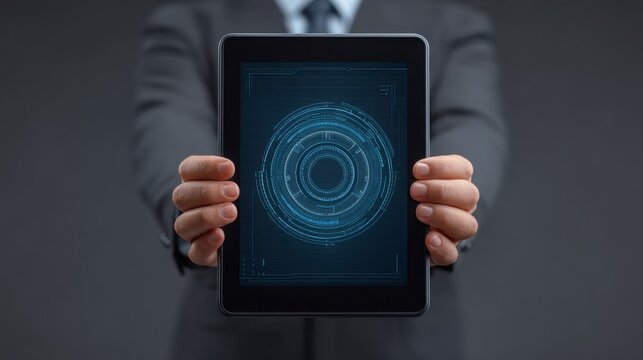 Businessman in Suit Holding Tablet Computer with Digital Interface Displaying Data and Technology Concepts in Modern Professional Environment