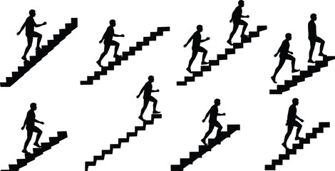 Silhouette of people climbing stairs, teamwork and progress concept, personal growth, career success, achievement steps, business motivation, leadership improvement illustration