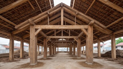 Fototapeta premium Open wooden structure with beams and posts in rural area, showcasing architecture and construction design for agricultural or storage purposes