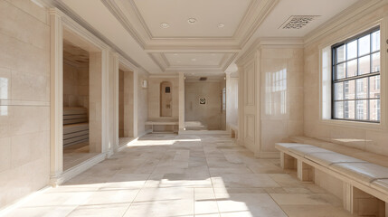 Obraz premium Spacious bathroom displays elegant modern architecture in clean layout