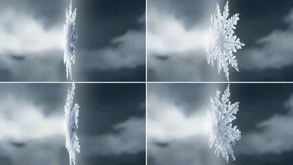 Intricate crystalline snowflakes rotating slowly against a dark, dramatic winter background with bright light flares. - Powered by Adobe