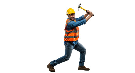 Construction worker in hard hat and safety vest swings a hammer vigorously on a white background