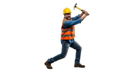 Construction worker in hard hat and safety vest swings a hammer vigorously on a white background