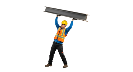 Construction worker with heavy steel beam on his shoulders against white background, symbolizing strength and hard labor in building industry