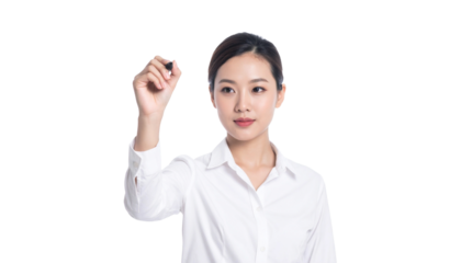 A professional Asian woman in a white shirt writing with a pen on a transparent surface against a white background, showcasing a focused and educated demeanor