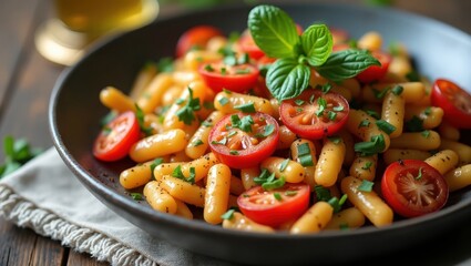 Delicious plate of pasta, adorned with vibrant red cherry tomatoes, fresh basil, and finely chopped herbs, offering a flavorful and appetizing culinary presentation.