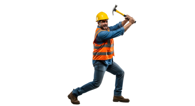 Construction worker in hard hat and safety vest swings a hammer vigorously on a white background