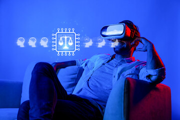 A modern man uses virtual reality to explore the relationship between artificial intelligence and digital law, highlighting ethical considerations in technology governance. XDMCP