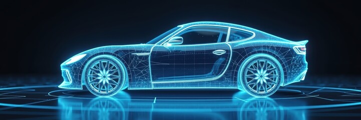 The futuristic illustration showcases a digital representation of a sleek, modern automobile rendered in a striking neon blue against a contrasting dark background, emphasizing its technological...