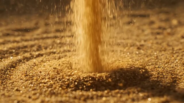 Fine golden sand grains slowly spin into a captivating miniature dust devil against a desolate, textured landscape loop, whirl, power of nature