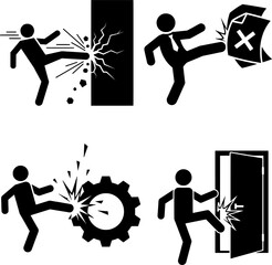 Man Kicking and Breaking Obstacles Stick Figure Icons Set