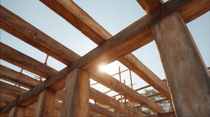 Obraz premium Construction site with wooden beams and concrete pillars, showing the sun shining through an unfinished structure in a clear blue sky