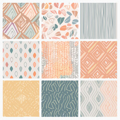 Seamless pattern of abstract shapes and lines in muted tones