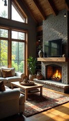 Cozy Minimalist Living Room with Fireplace Natural Light, Comfortable Furniture, Perfect for Relaxation and Family Time