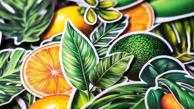 Colorful stickers featuring oranges and leaves, perfect for decorating laptops or journals