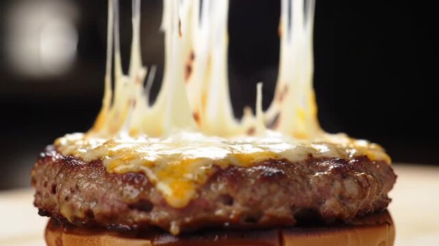 A thick juicy burger topped with a cascade of melted cheese creating strings