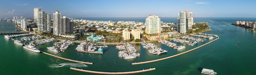 Panorama of Miami Beach. Aerial view of South Pointe Park and South Beach in Miami Beach. Miami...