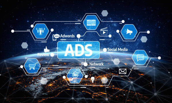 This image illustrates a global advertising network with digital marketing icons and connections above Earth. Emphasizes modern communication and strategy in digital landscapes. Tessel - Powered by Adobe