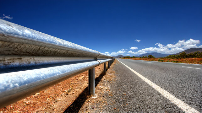 A metal guardrail provides protection alongside the rural country freeway.