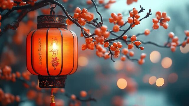 A red lantern hangs from a tree branch covered in vibrant orange berries