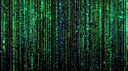 Binary Data Stream: A cascading curtain of green digital code flowing downward