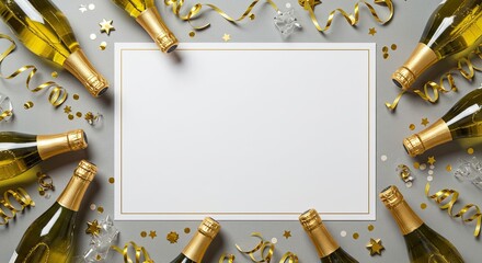 Celebration with Champagne Bottles and Confetti on a Gray Background.