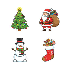 Christmas icons: tree, Santa, snowman, stocking.