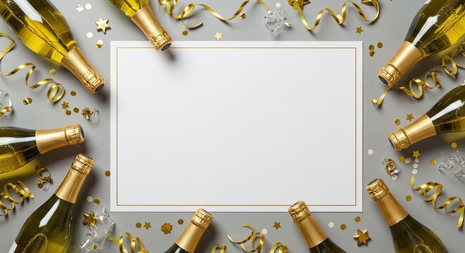 Celebration with Champagne Bottles and Confetti on a Gray Background.