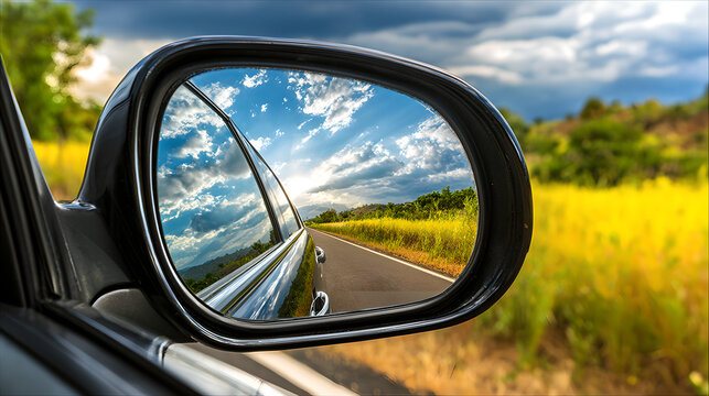 The car's rearview is reflecting a pastoral cloudscape during a country road-trip.
