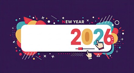 Colorful abstract New Year 2026 banner with digital interface elements and copy space.