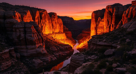 Fototapeta premium Dramatic canyon landscape at sunset, with the river reflecting the warm, vibrant colors of the sky, creating a stunning and serene scene