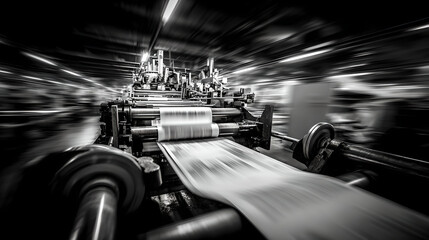  A monochrome printing press operates at high speed, feeding a continuous roll.
