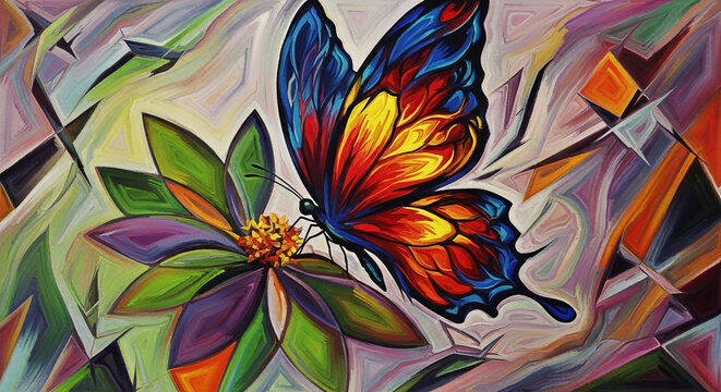 Vibrant abstract butterfly alights on a stylized flower, bursting with bold colors and dynamic geometric forms