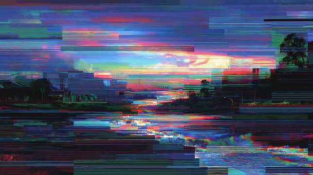 Distorted serenity: A glitch art representation of landscape with colorful skies - Powered by Adobe