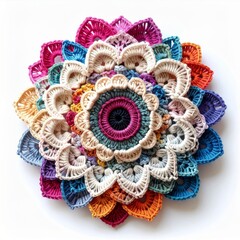 Fototapeta premium Colorful Crochet Mandala Centerpiece with Intricate Patterns on White Background